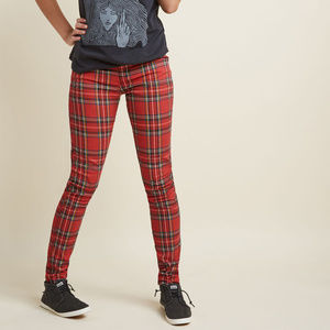 red plaid skinny pants